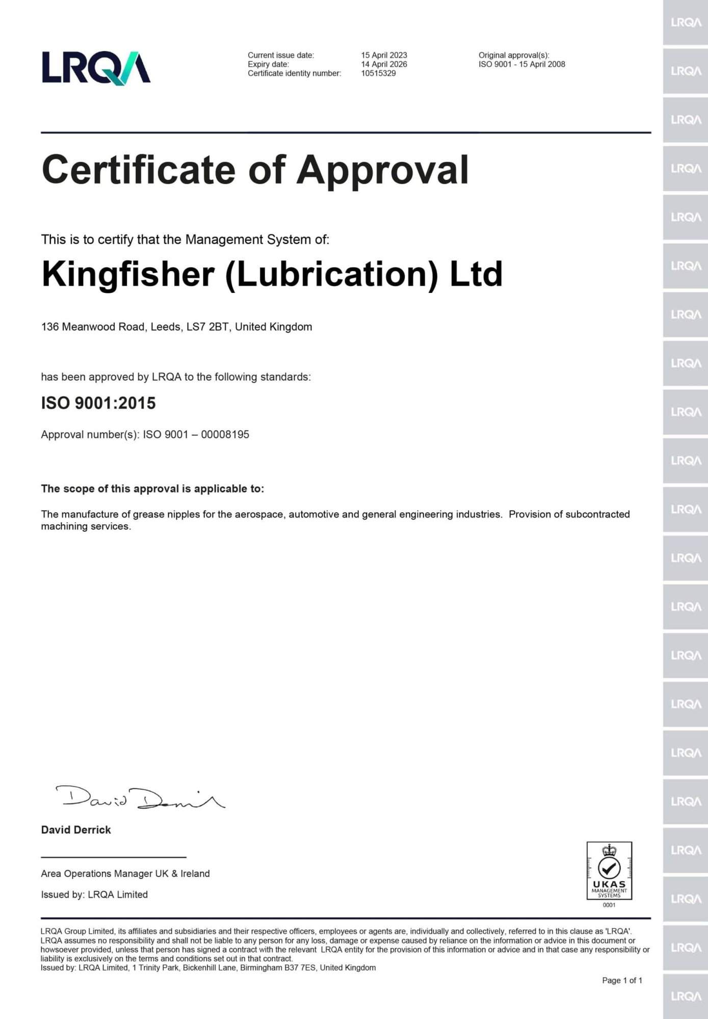 Kingfisher Lubrication Ltd 9001 2015 Cert 2023 Scaled Grease Nipple Manufacturer