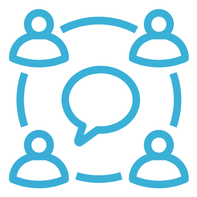 a group of people with a chat bubble